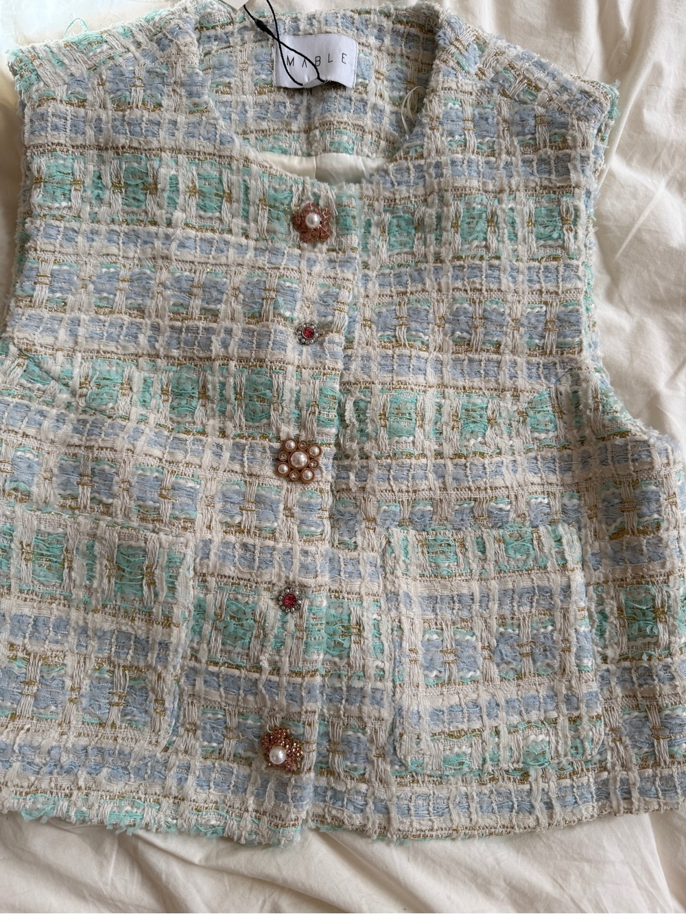 adidas Sleeveless Tweed Crop Top in Mint & Ivory - Picture 3 of 5